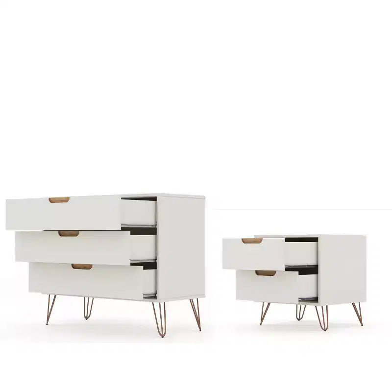 Cassettiera e Comodino Moderni Mid-Century Bianchi/Neri/Marrone, Set da 2 Pezzi