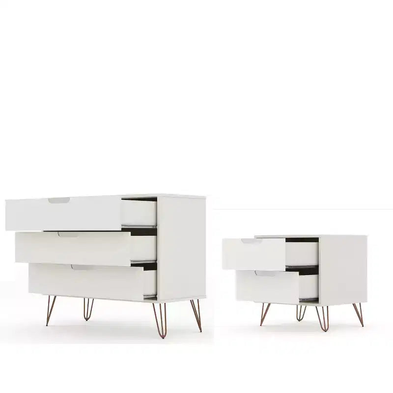 Cassettiera e Comodino Moderni Mid-Century Bianchi/Neri/Marrone, Set da 2 Pezzi
