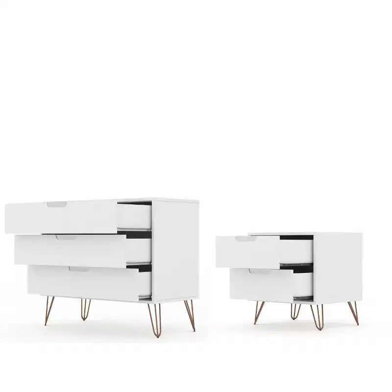 White/Black/Brown Mid-Century Modern Dresser & Nightstand Set, 2-Piece