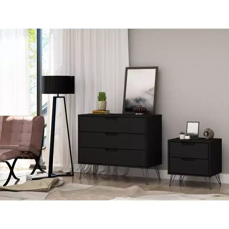 White/Black/Brown Mid-Century Modern Dresser & Nightstand Set, 2-Piece