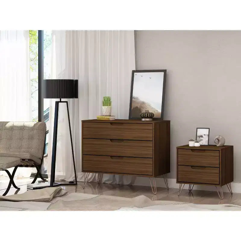 White/Black/Brown Mid-Century Modern Dresser & Nightstand Set, 2-Piece