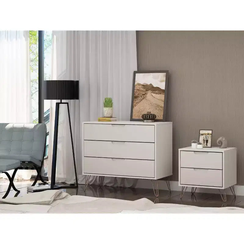 White/Black/Brown Mid-Century Modern Dresser & Nightstand Set, 2-Piece