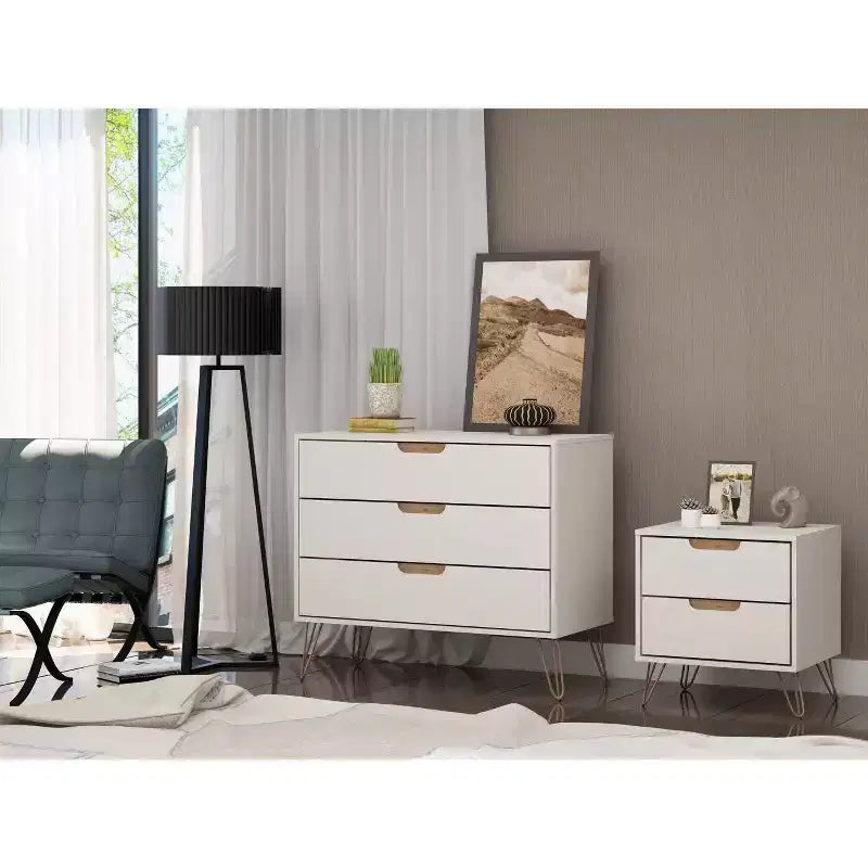 White/Black/Brown Mid-Century Modern Dresser & Nightstand Set, 2-Piece